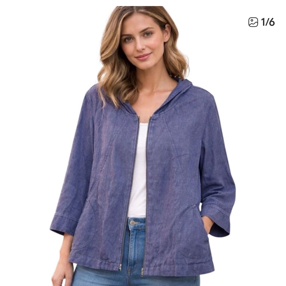 Coldwater Creek Periwinkle Linen 3/4 Sleeve Utility Jacket with hood